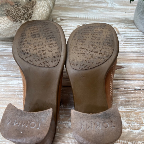 Tommy Hilfiger Brown Leather Mule Shoes with Chunky Wood Heel Slip On - Picture 4 of 6